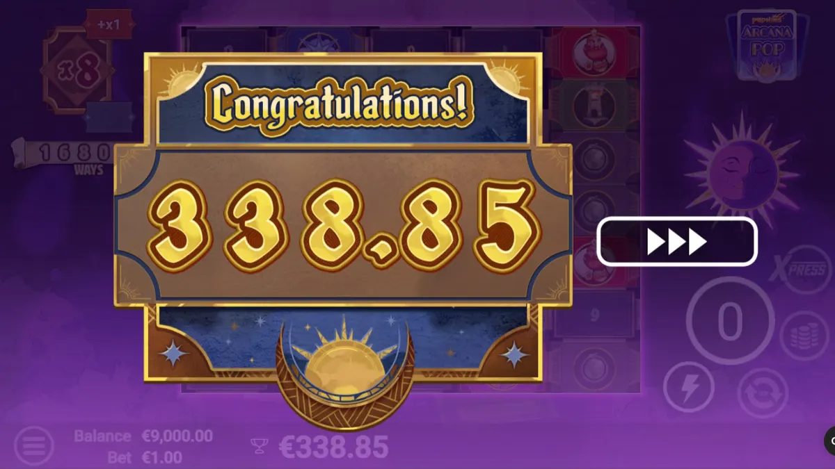 Interface mística do slot Arcana Pop com símbolos de tarô e rolos em expansão