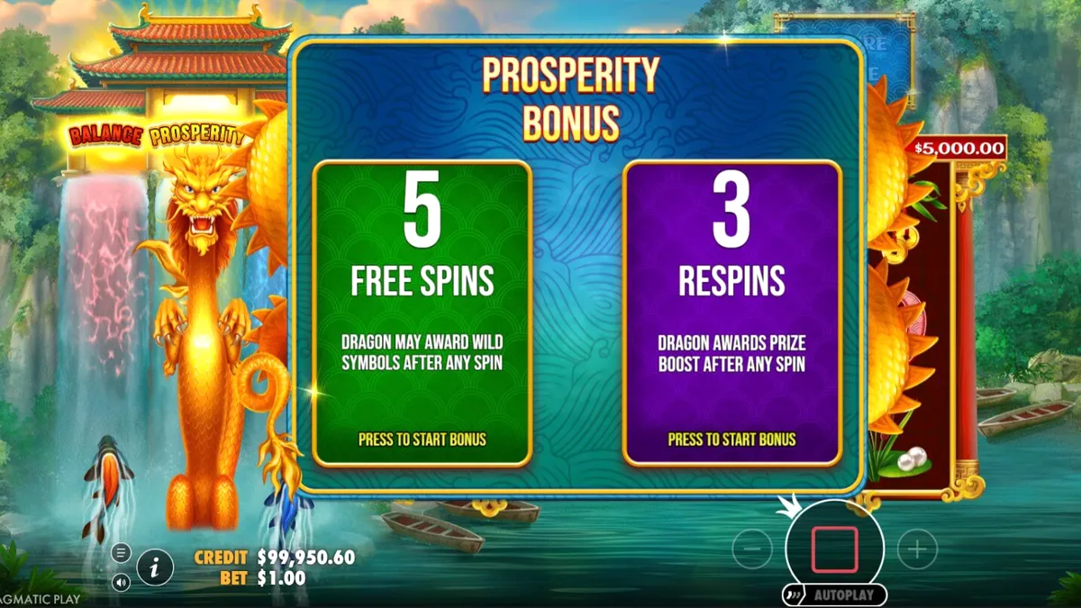 Interface visual do slot Dragon’s Gate Bonus Choice com tema de dragões e montanhas asiáticas